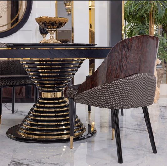 Velocity luxury furniture collection with modern living room seating and elegant dining table with wood and gold accents.