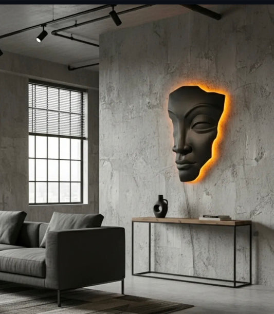 Roman sculptural wall art with illuminated backlit design creating a dramatic modern interior feature.