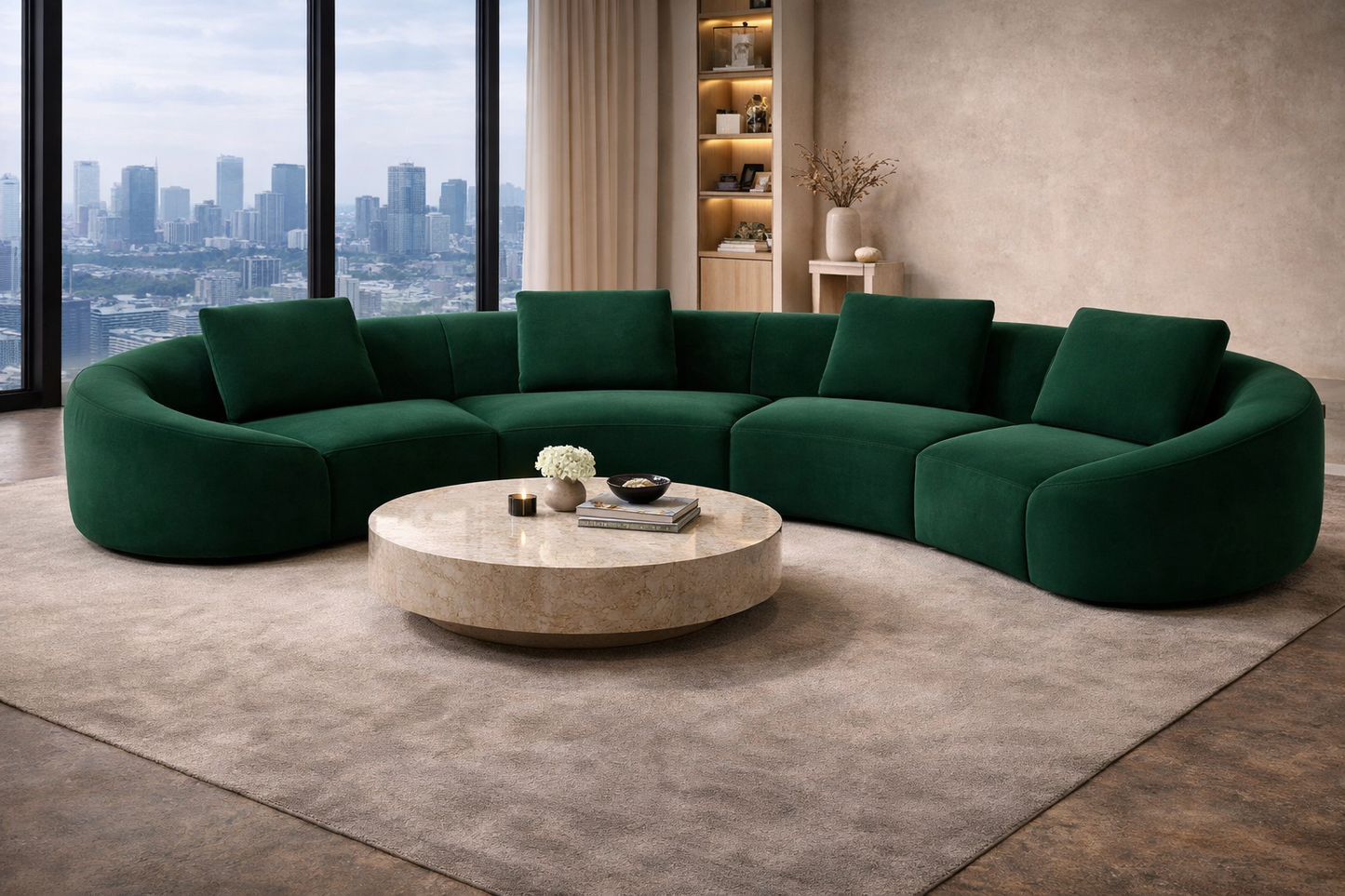 Twin Arc curved sectional sofa in neutral grey and cream tones with soft modern luxury styling.