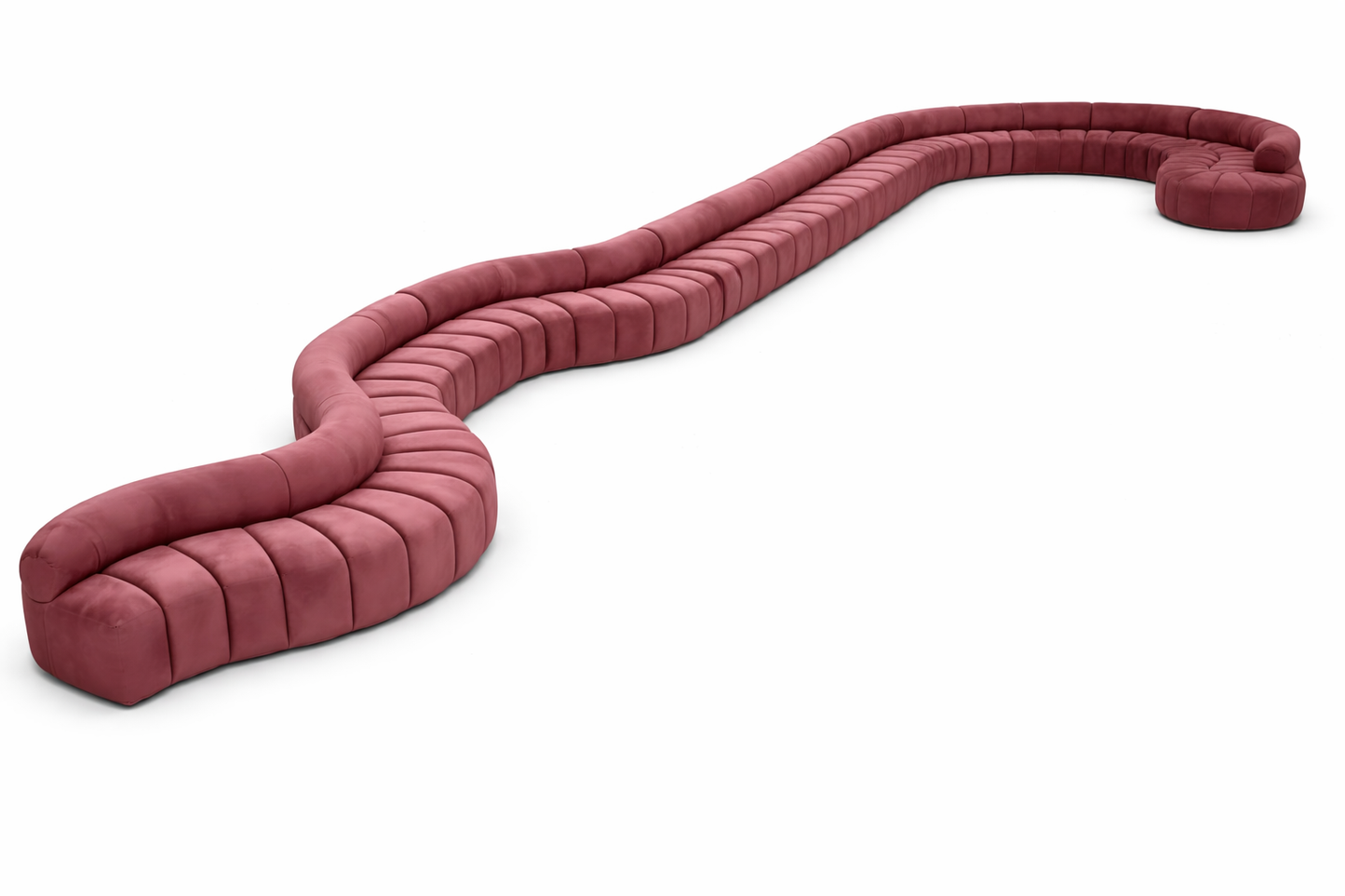 Fancci Serpent curved sectional sofa with extended channel tufted design in a modern luxury penthouse interior.