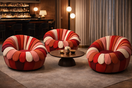 Rosso Bloom lounge chairs in layered red and blush tones arranged in a luxury lounge setting.