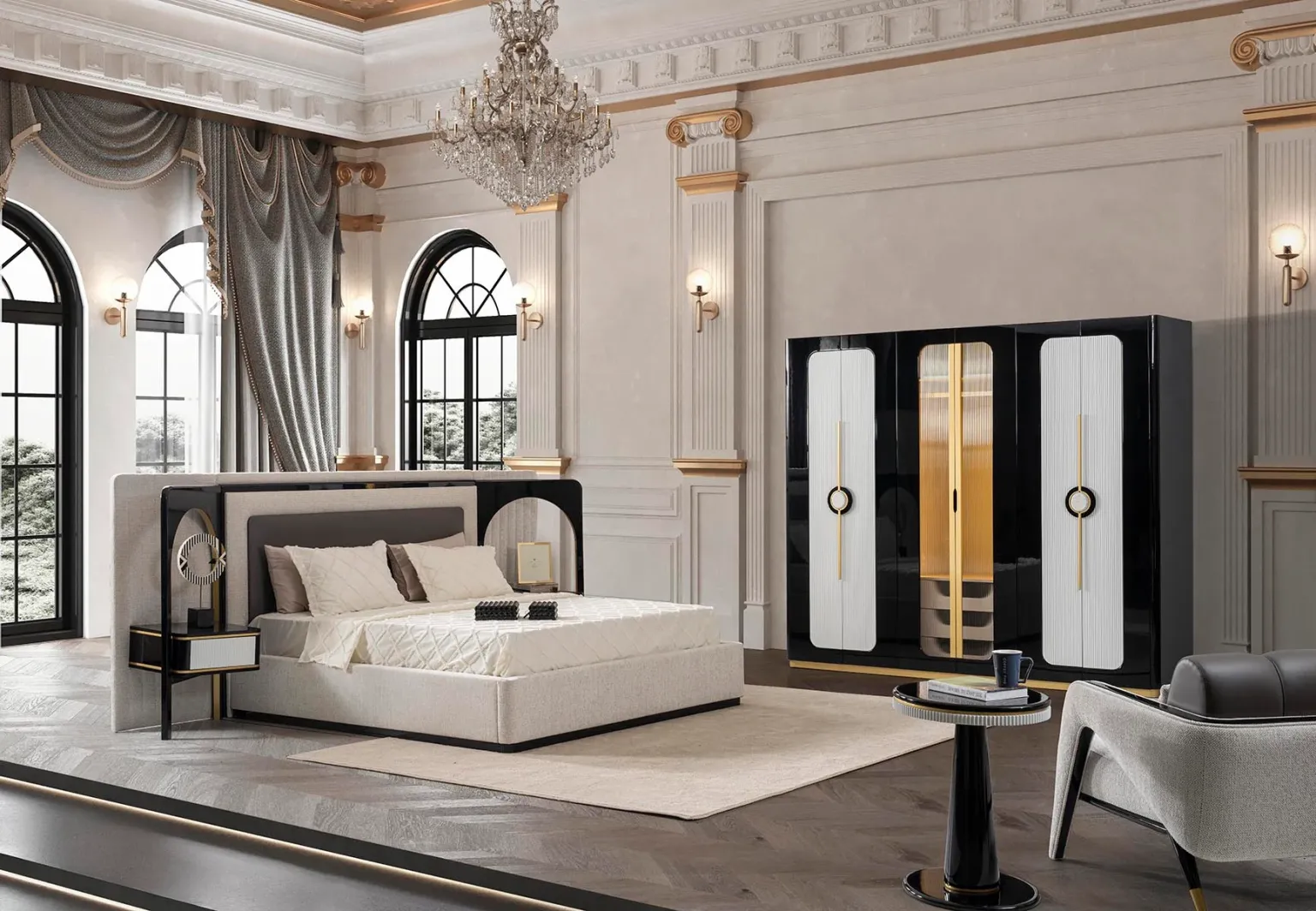 Velour luxury bedroom furniture with curved sofas, sculptural chairs and elegant black and gold accents