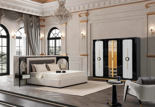 Velour luxury bedroom furniture with curved sofas, sculptural chairs and elegant black and gold accents