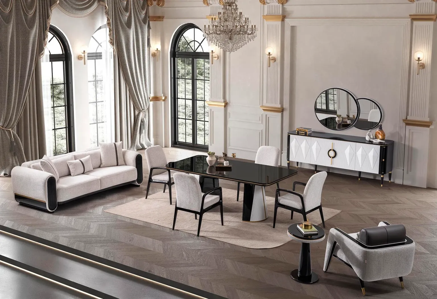 Velour luxury living room and dining furniture with curved sofas, sculptural chairs and elegant black and gold accents