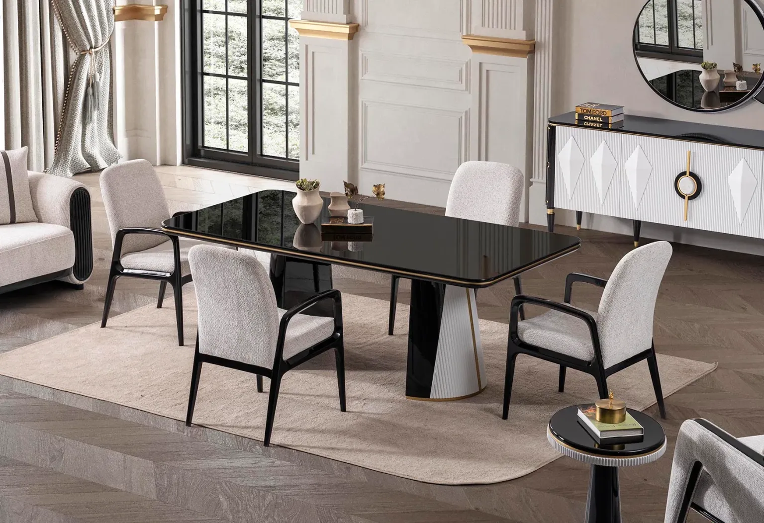 Velour luxury living room and dining furniture with curved sofas, sculptural chairs and elegant black and gold accents