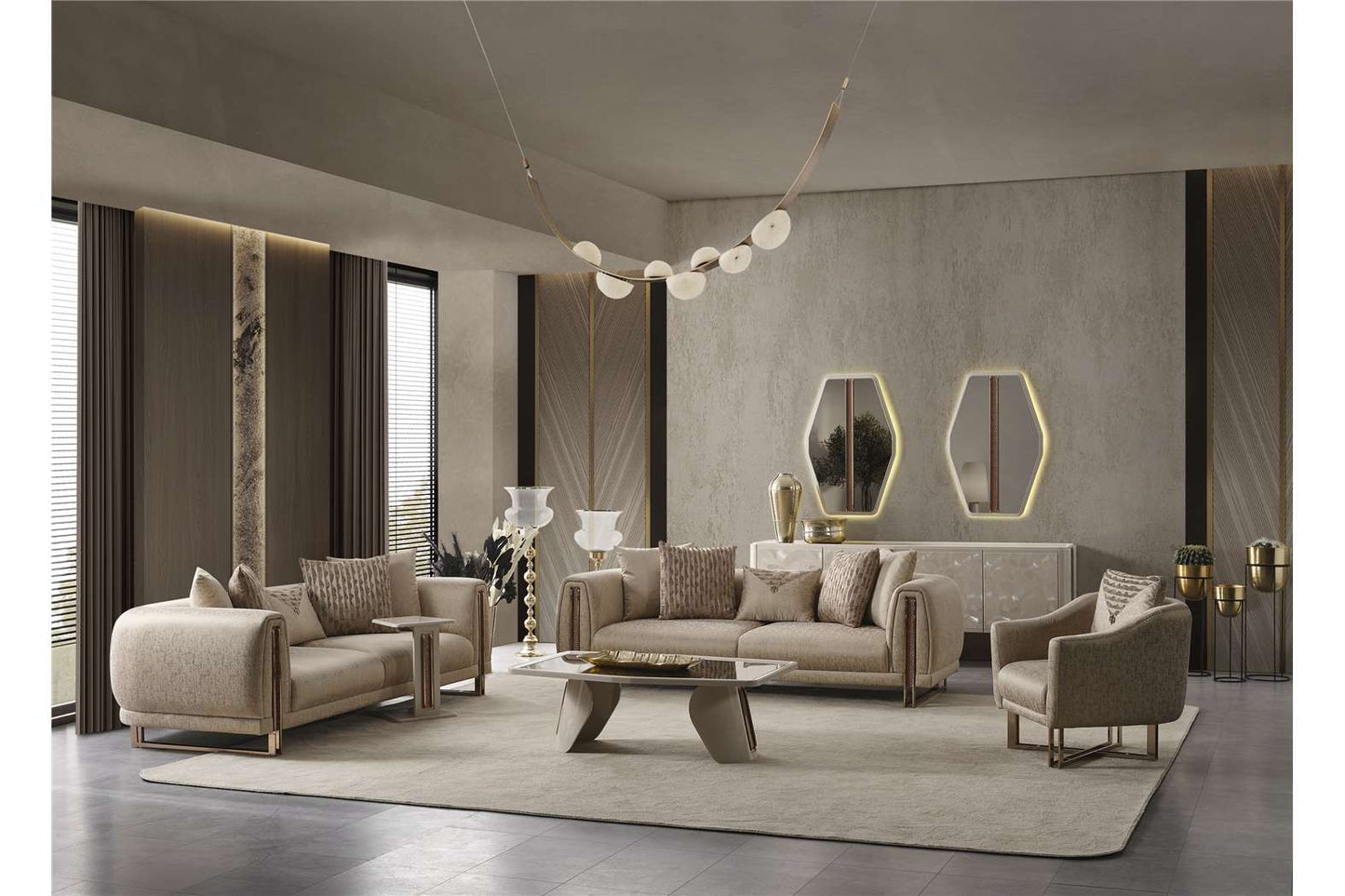 Aureum luxury furniture collection featuring modern neutral living room seating, sculptural dining set, and illuminated contemporary bedroom design.