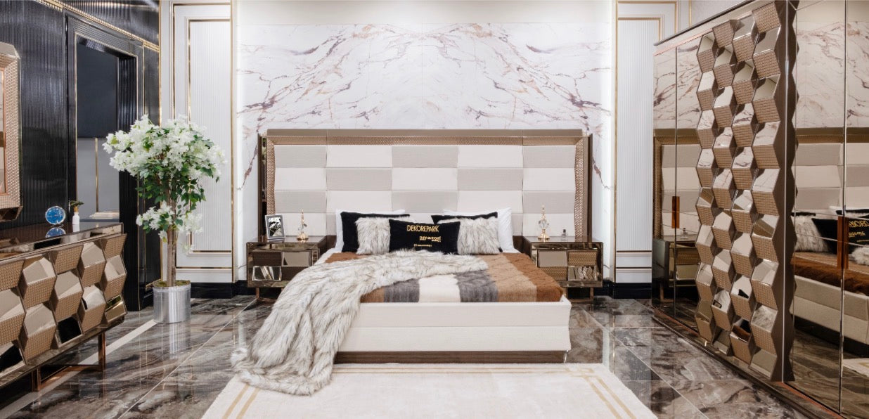 Nocturne luxury furniture collection featuring mirrored sofa detailing, geometric dining table, sculptural chairs, and modern glam interior design.