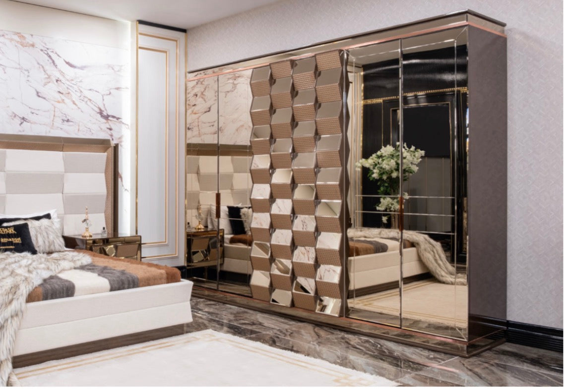 Nocturne luxury furniture collection featuring mirrored sofa detailing, geometric dining table, sculptural chairs, and modern glam interior design.