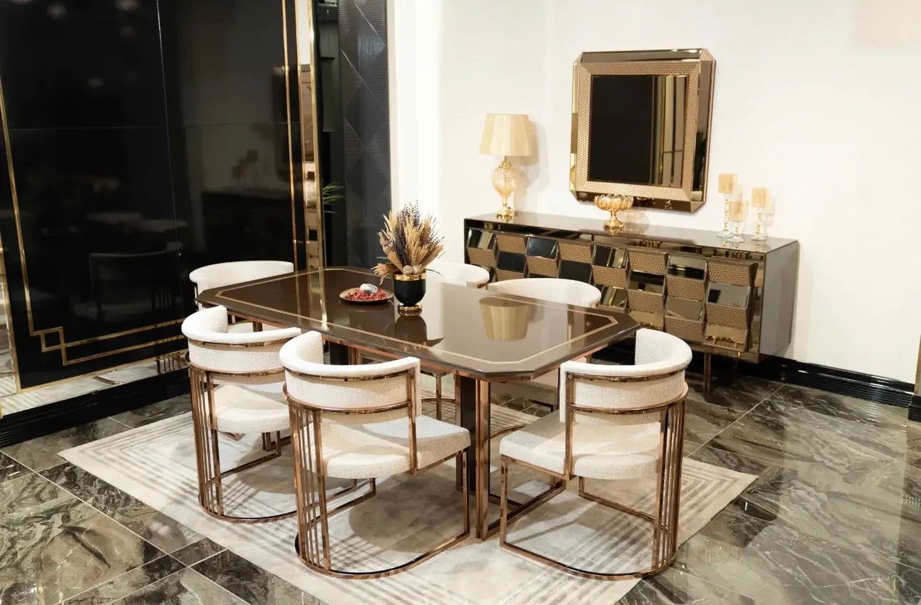 Nocturne luxury furniture collection featuring mirrored sofa detailing, geometric dining table, sculptural chairs, and modern glam interior design.