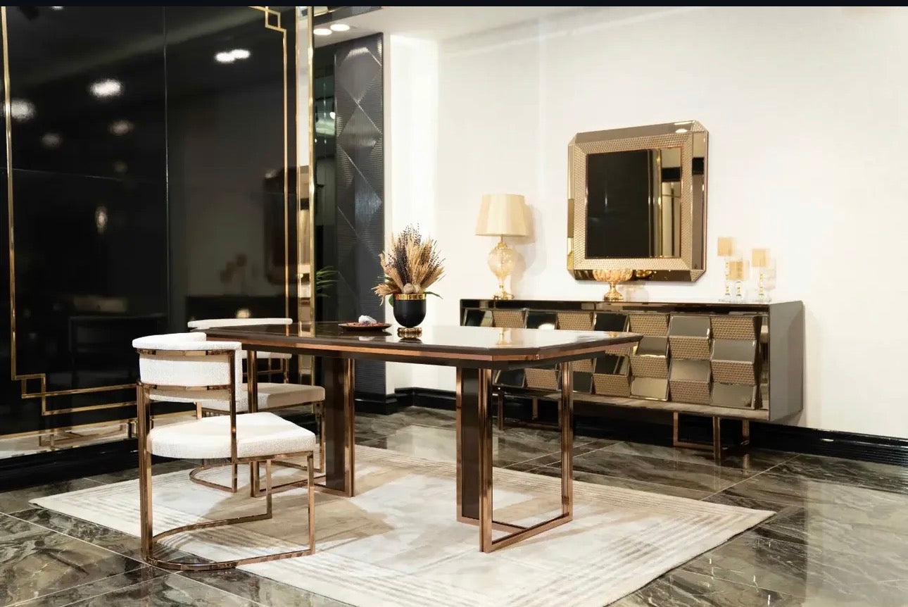 Nocturne luxury furniture collection featuring mirrored sofa detailing, geometric dining table, sculptural chairs, and modern glam interior design.