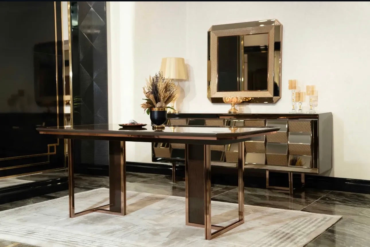 Nocturne luxury furniture collection featuring mirrored sofa detailing, geometric dining table, sculptural chairs, and modern glam interior design.