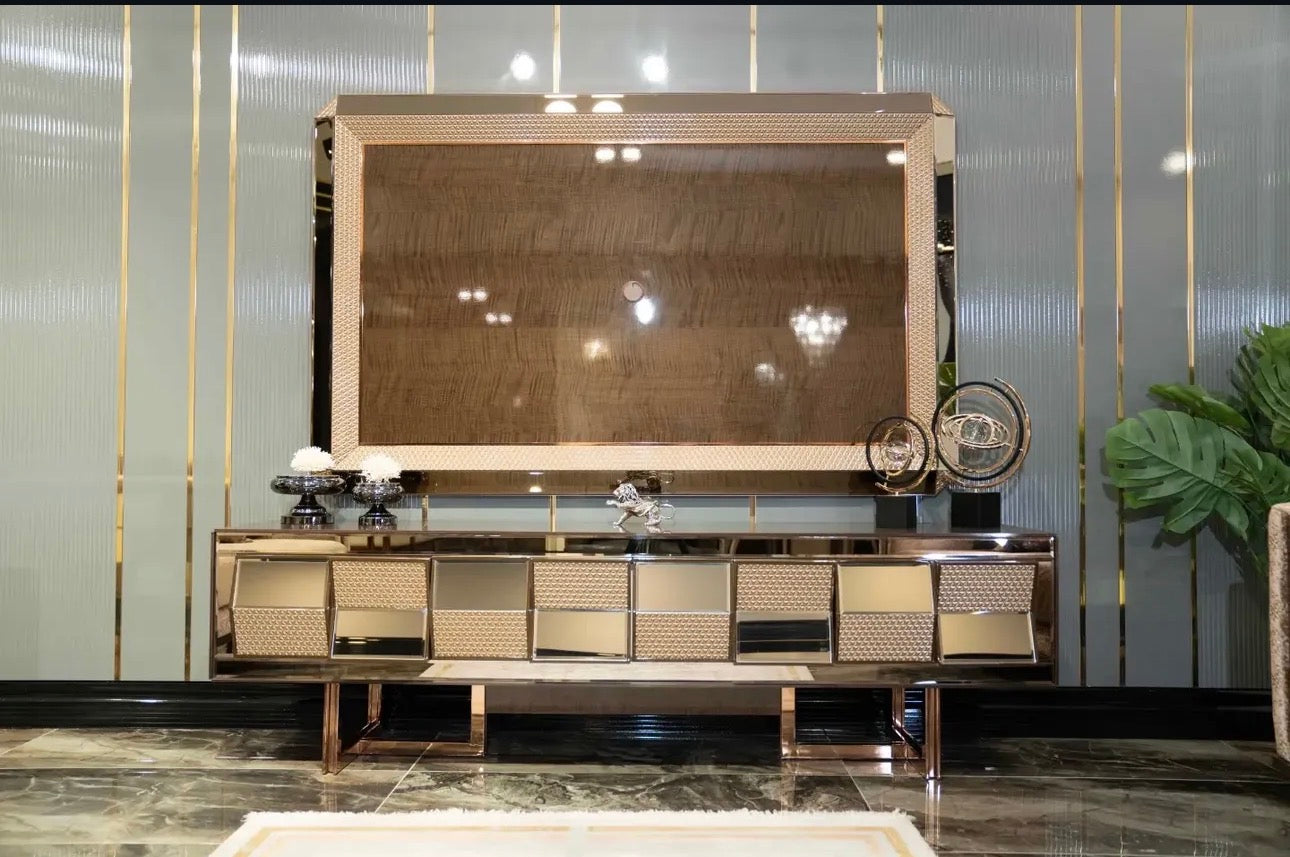 Nocturne luxury furniture collection featuring mirrored sofa detailing, geometric dining table, sculptural chairs, and modern glam interior design.