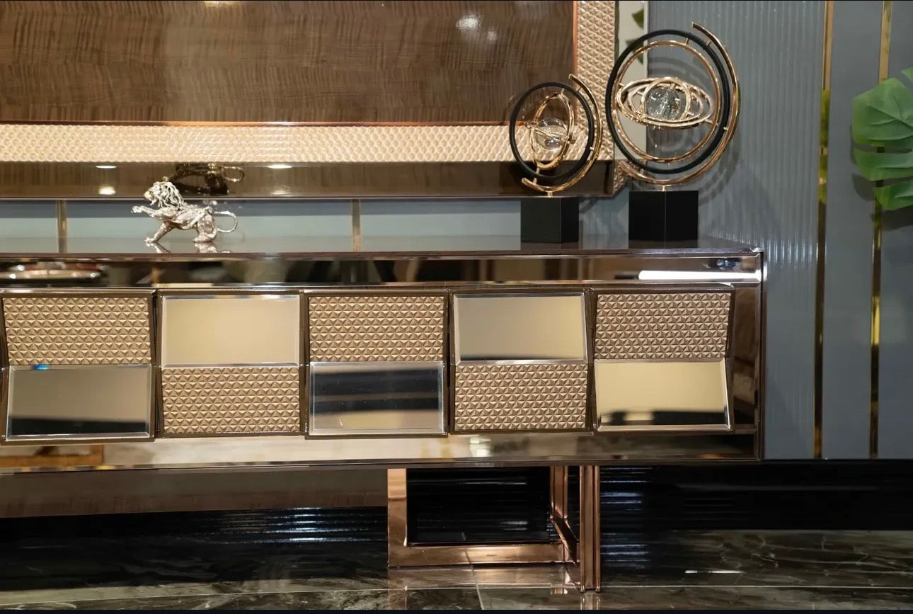 Nocturne luxury furniture collection featuring mirrored sofa detailing, geometric dining table, sculptural chairs, and modern glam interior design.