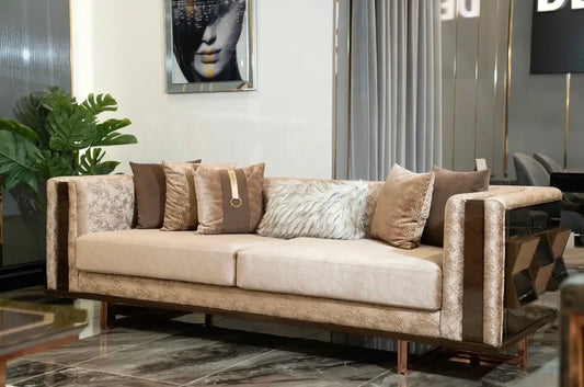 Nocturne luxury furniture collection featuring mirrored sofa detailing, geometric dining table, sculptural chairs, and modern glam interior design.