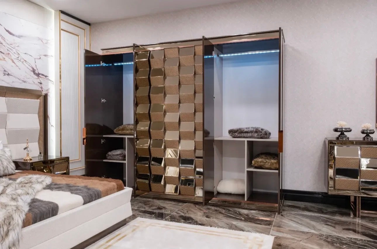 Nocturne luxury furniture collection featuring mirrored sofa detailing, geometric dining table, sculptural chairs, and modern glam interior design.