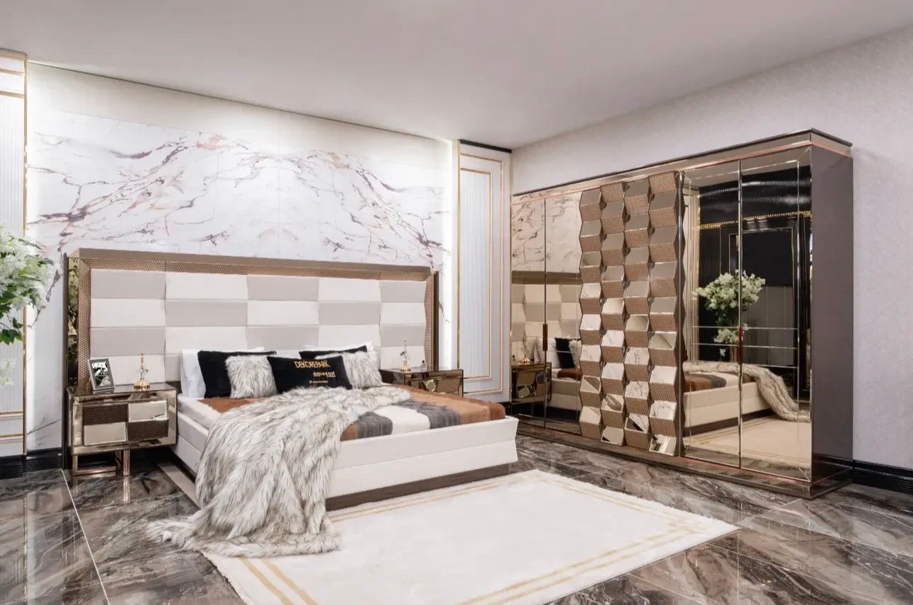 Nocturne luxury furniture collection featuring mirrored sofa detailing, geometric dining table, sculptural chairs, and modern glam interior design.