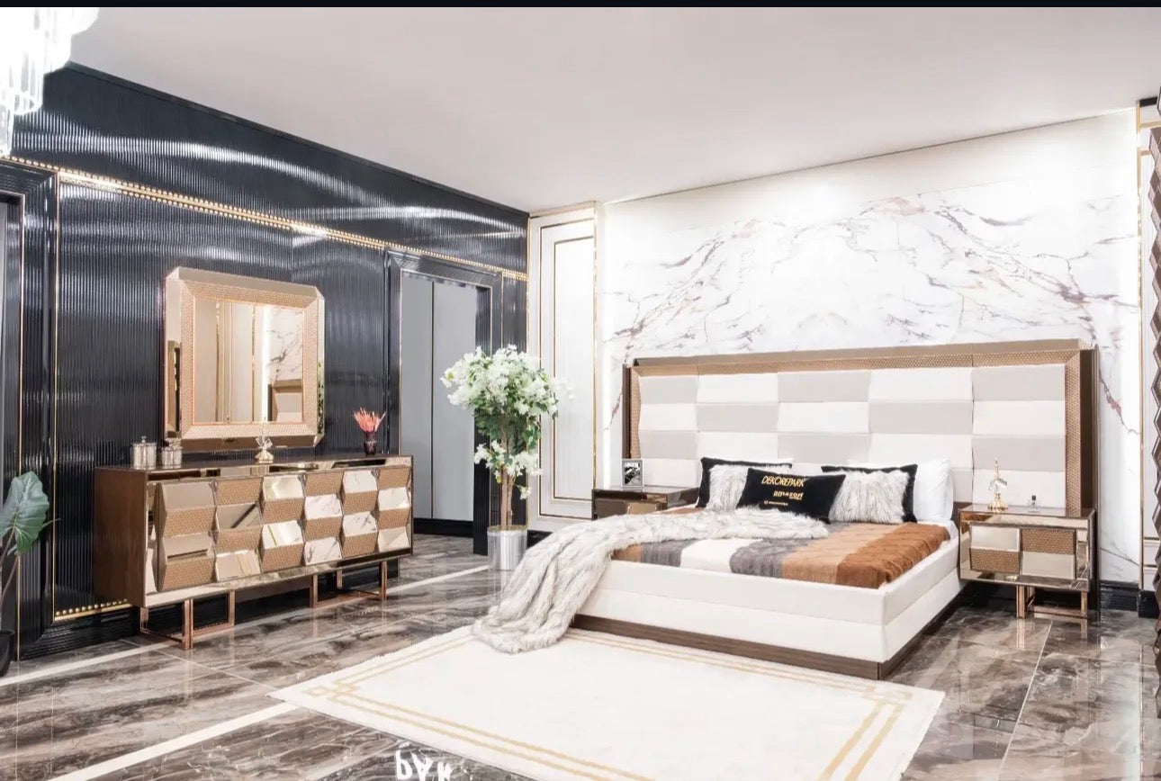 Nocturne luxury furniture collection featuring mirrored sofa detailing, geometric dining table, sculptural chairs, and modern glam interior design.