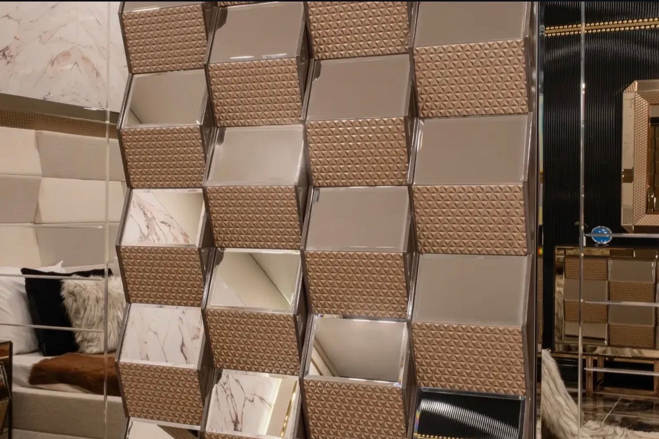 Nocturne luxury furniture collection featuring mirrored sofa detailing, geometric dining table, sculptural chairs, and modern glam interior design.