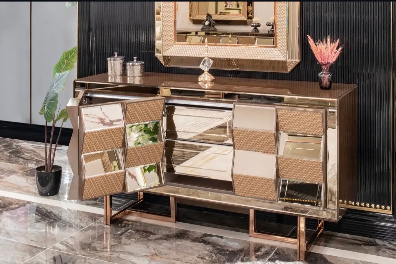 Nocturne luxury furniture collection featuring mirrored sofa detailing, geometric dining table, sculptural chairs, and modern glam interior design.