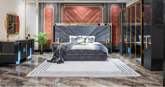 Ember luxury furniture collection with sculptural living room seating, dramatic bedroom set and gold accent dining furniture