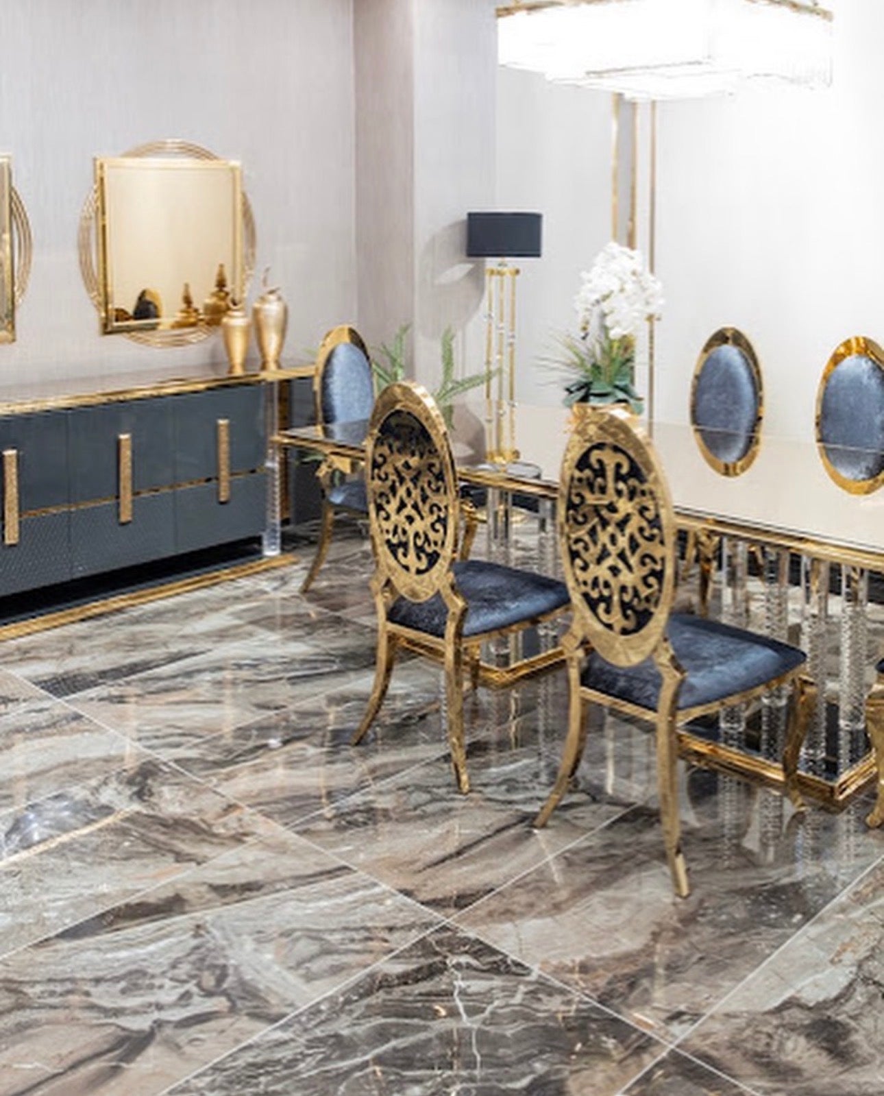 Ember luxury furniture collection with sculptural living room seating, dramatic bedroom set and gold accent dining furniture