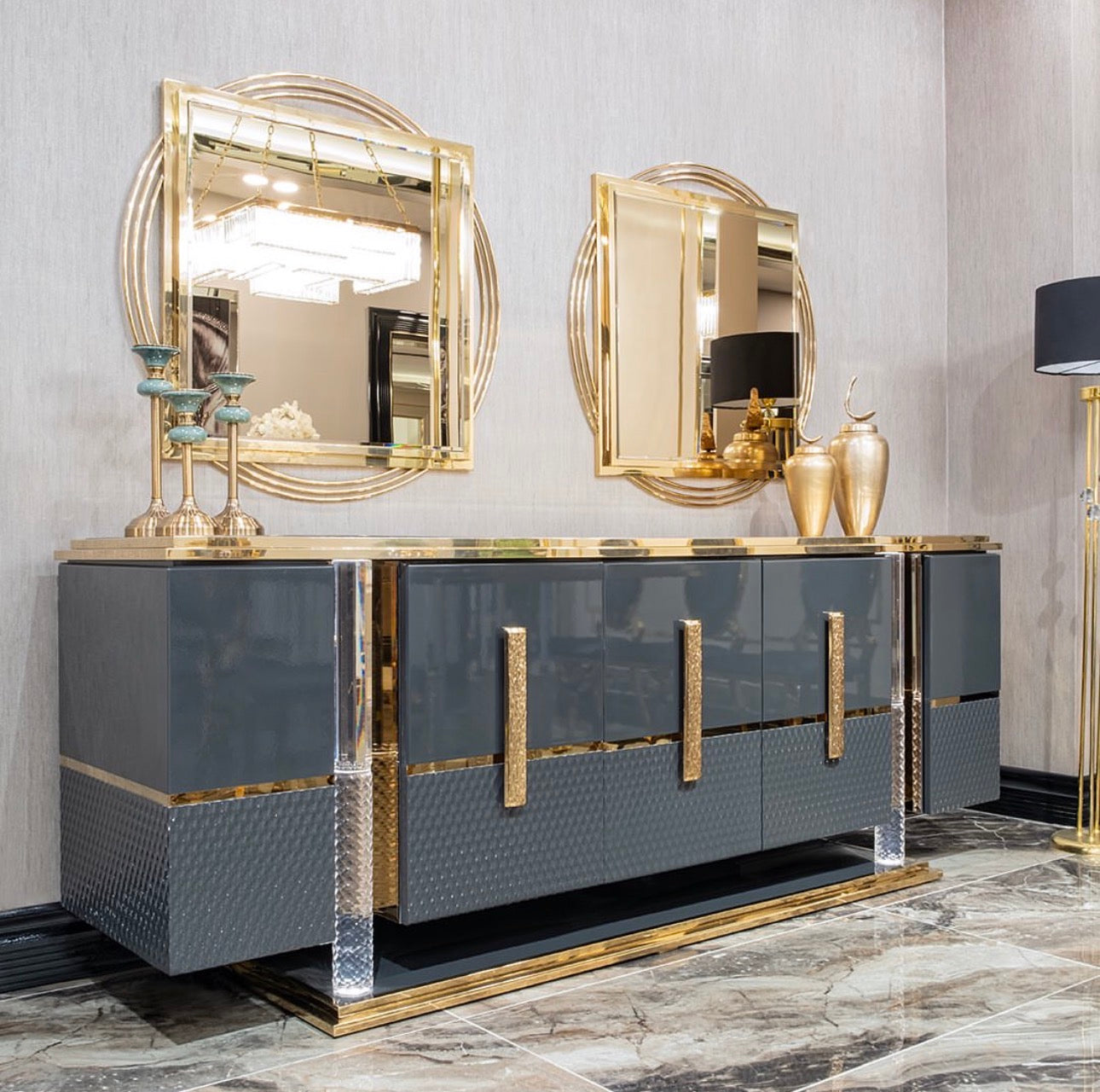 Ember luxury furniture collection with sculptural living room seating, dramatic bedroom set and gold accent dining furniture