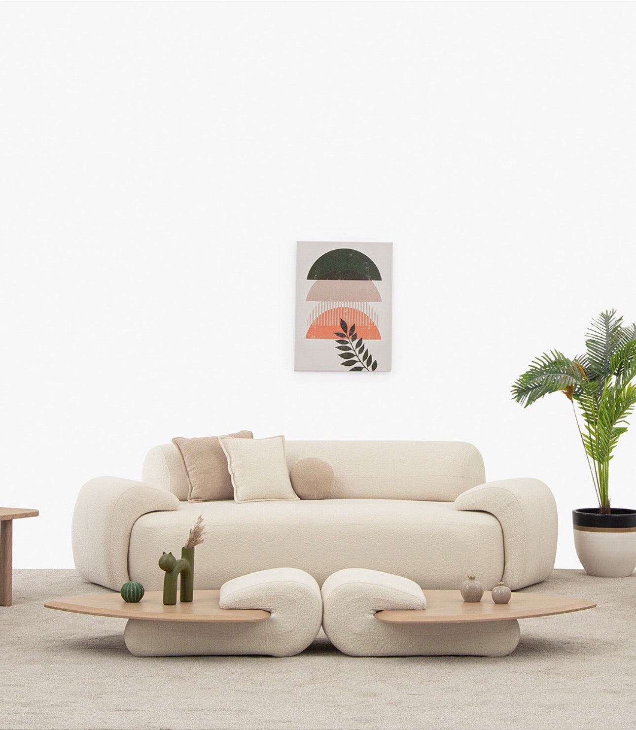 Aureum luxury furniture collection featuring modern neutral living room seating, sculptural dining set, and illuminated contemporary bedroom design.