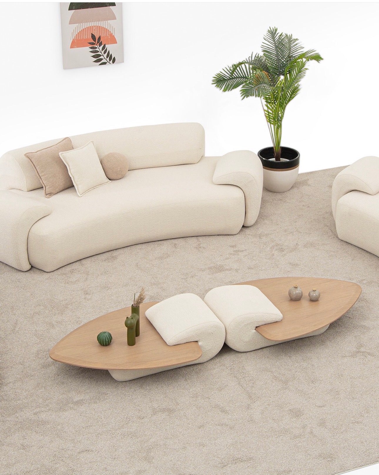 Aureum luxury furniture collection featuring modern neutral living room seating, sculptural dining set, and illuminated contemporary bedroom design.