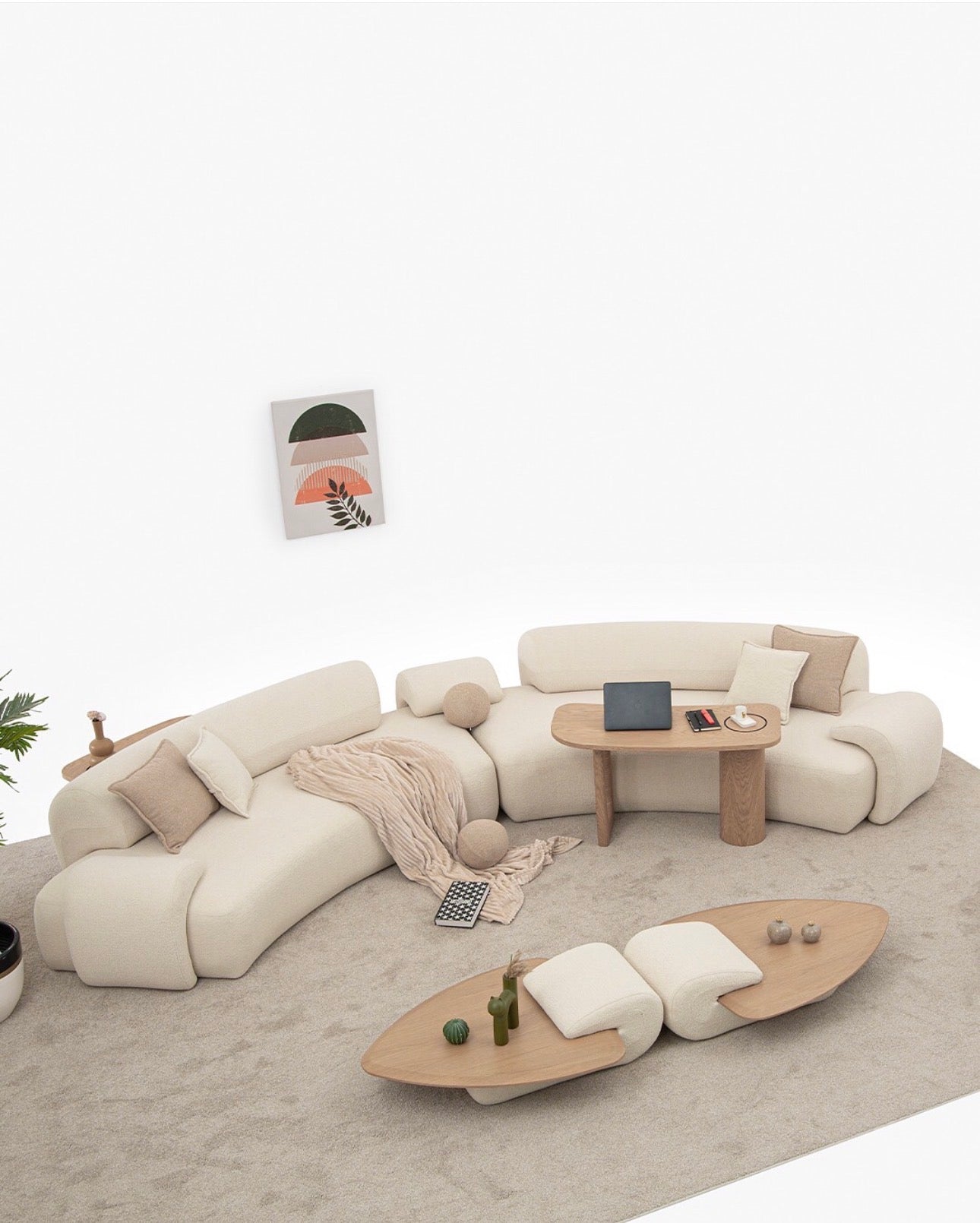 Aureum luxury furniture collection featuring modern neutral living room seating, sculptural dining set, and illuminated contemporary bedroom design.