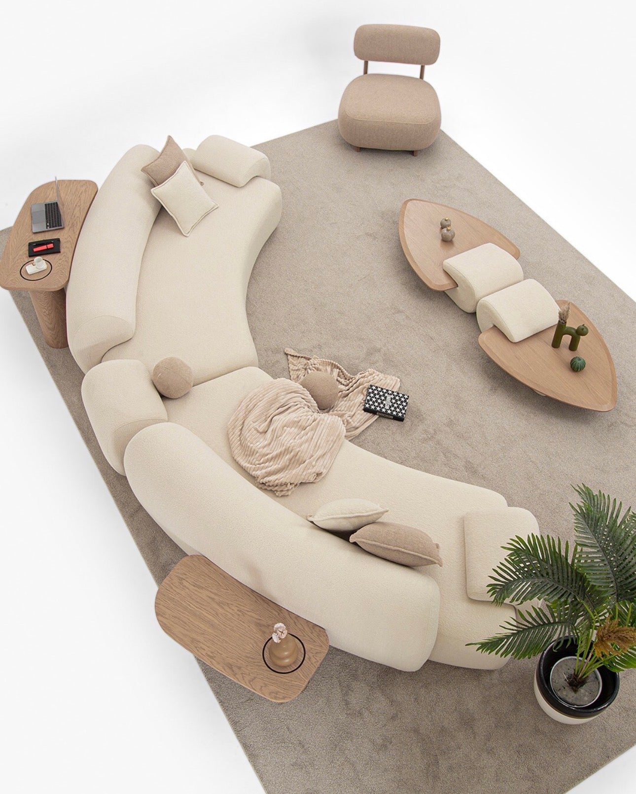 Aureum luxury furniture collection featuring modern neutral living room seating, sculptural dining set, and illuminated contemporary bedroom design.