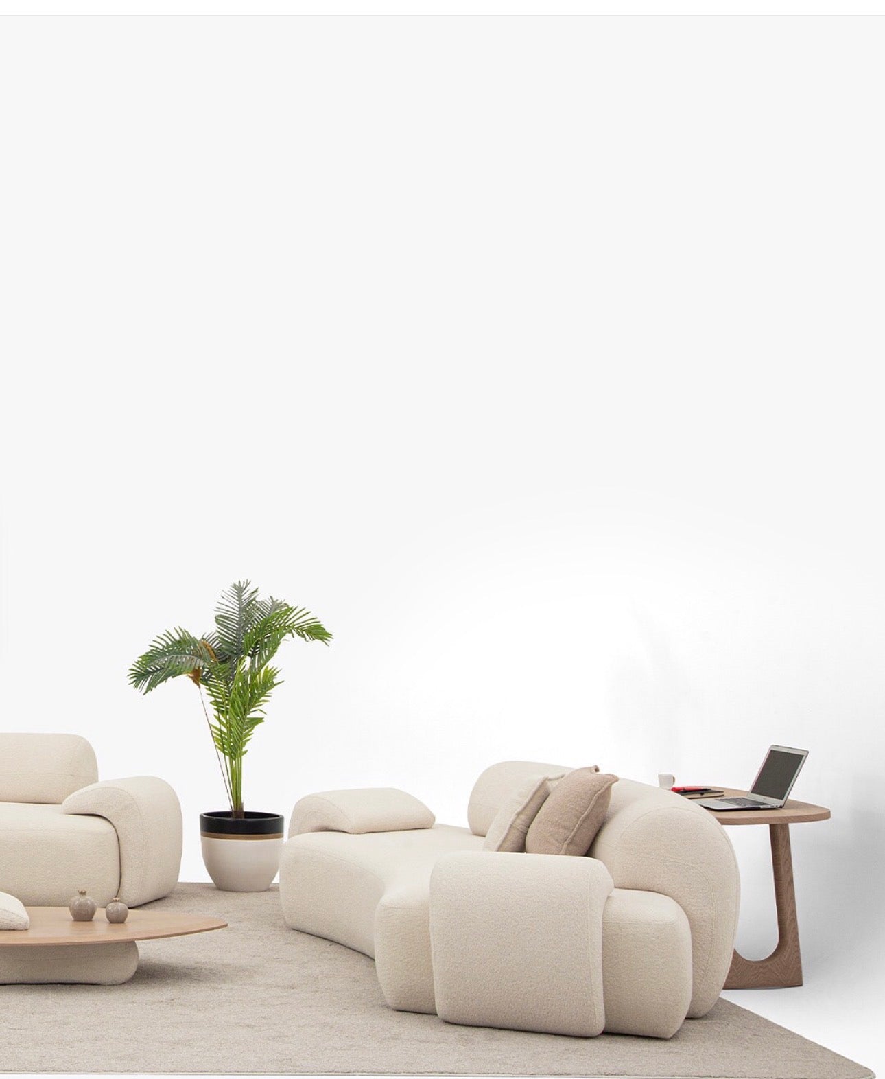 Aureum luxury furniture collection featuring modern neutral living room seating, sculptural dining set, and illuminated contemporary bedroom design.