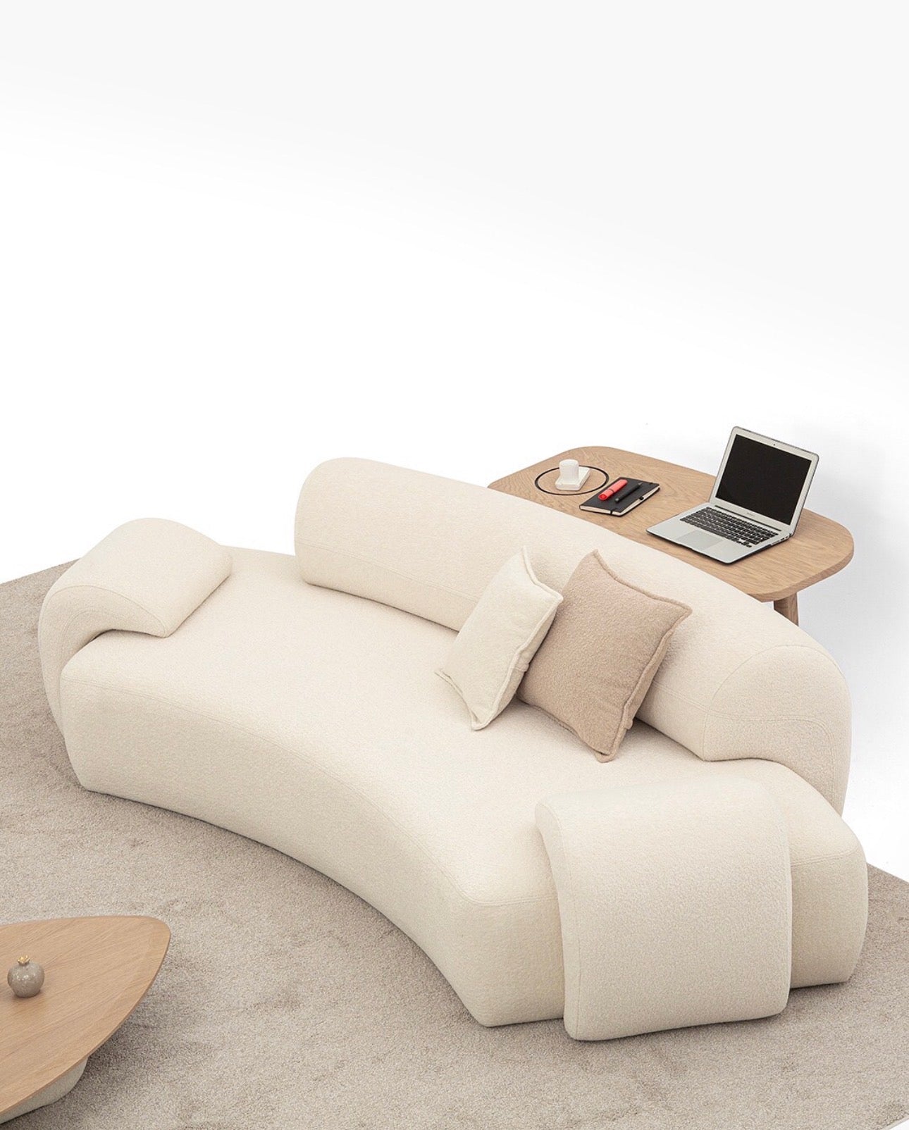 Aureum luxury furniture collection featuring modern neutral living room seating, sculptural dining set, and illuminated contemporary bedroom design.