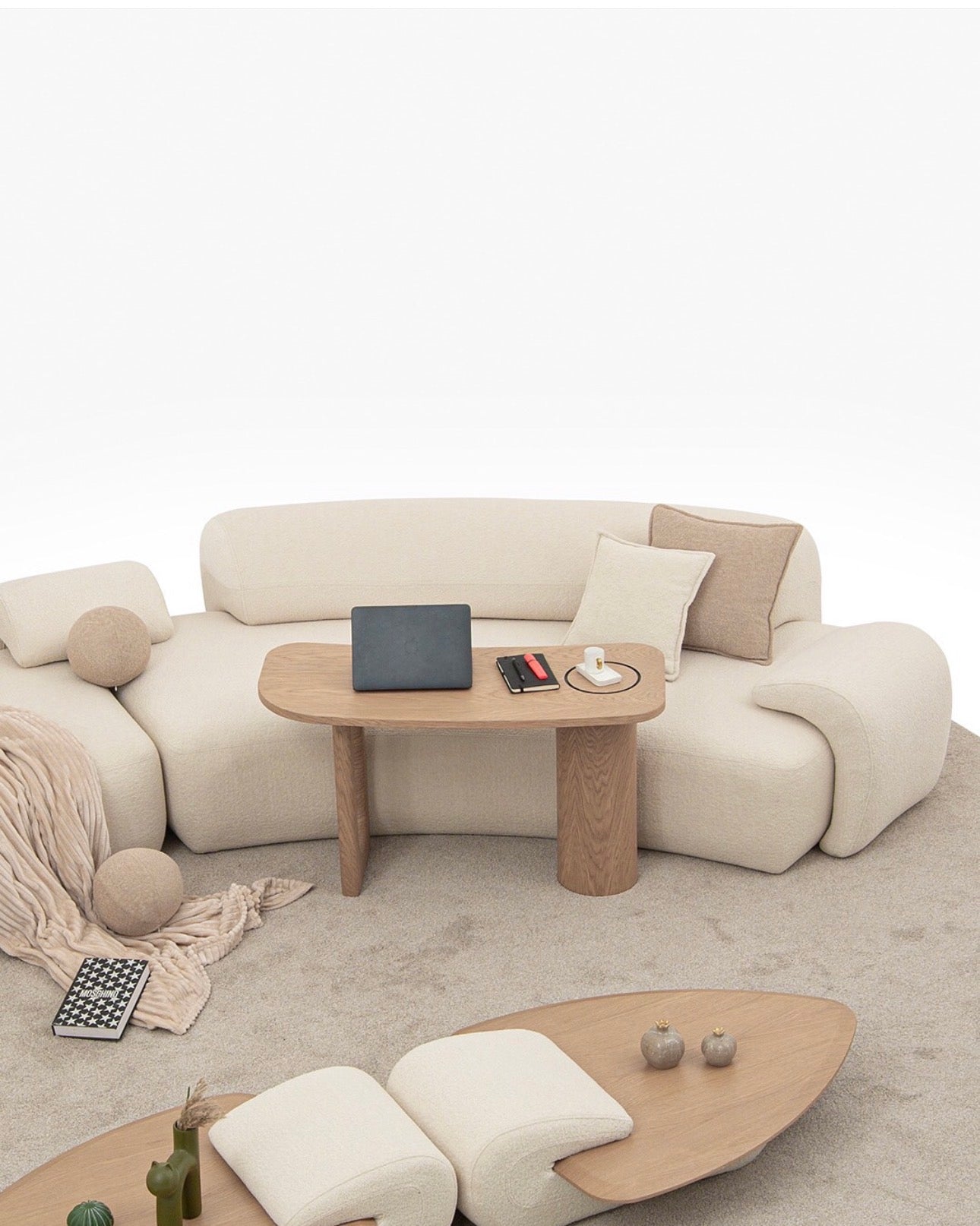 Aureum luxury furniture collection featuring modern neutral living room seating, sculptural dining set, and illuminated contemporary bedroom design.