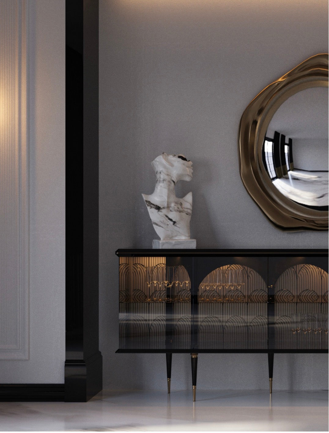 Velvetroom luxury furniture collection featuring elegant sofa seating, modern dining table, illuminated cabinetry, and sculptural pendant lighting.