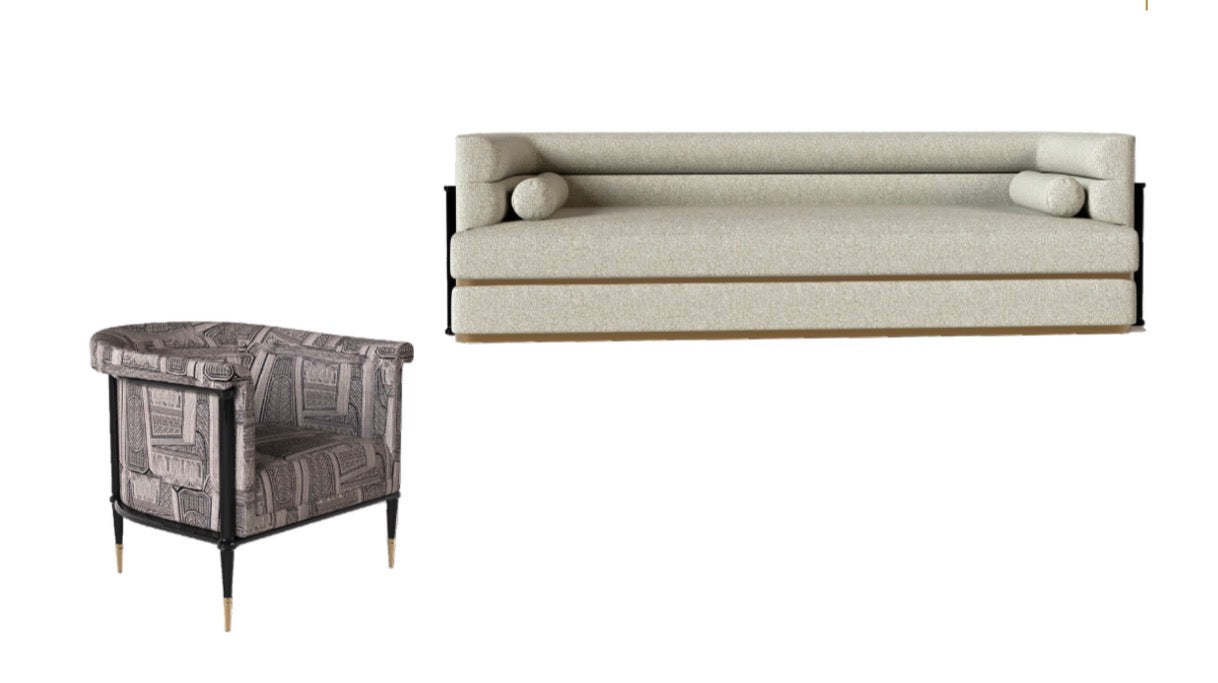 Velvetroom luxury furniture collection featuring elegant sofa seating, modern dining table, illuminated cabinetry, and sculptural pendant lighting.