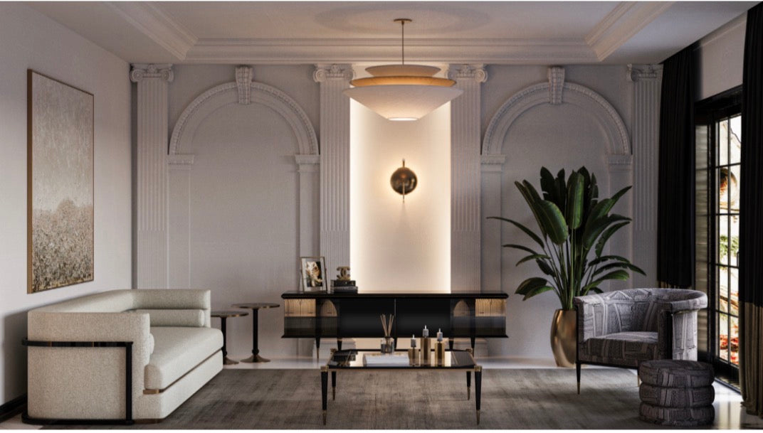 Velvetroom luxury furniture collection featuring elegant sofa seating, modern dining table, illuminated cabinetry, and sculptural pendant lighting.