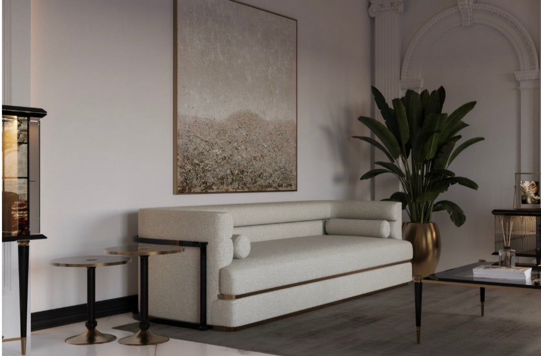 Velvetroom luxury furniture collection featuring elegant sofa seating, modern dining table, illuminated cabinetry, and sculptural pendant lighting.