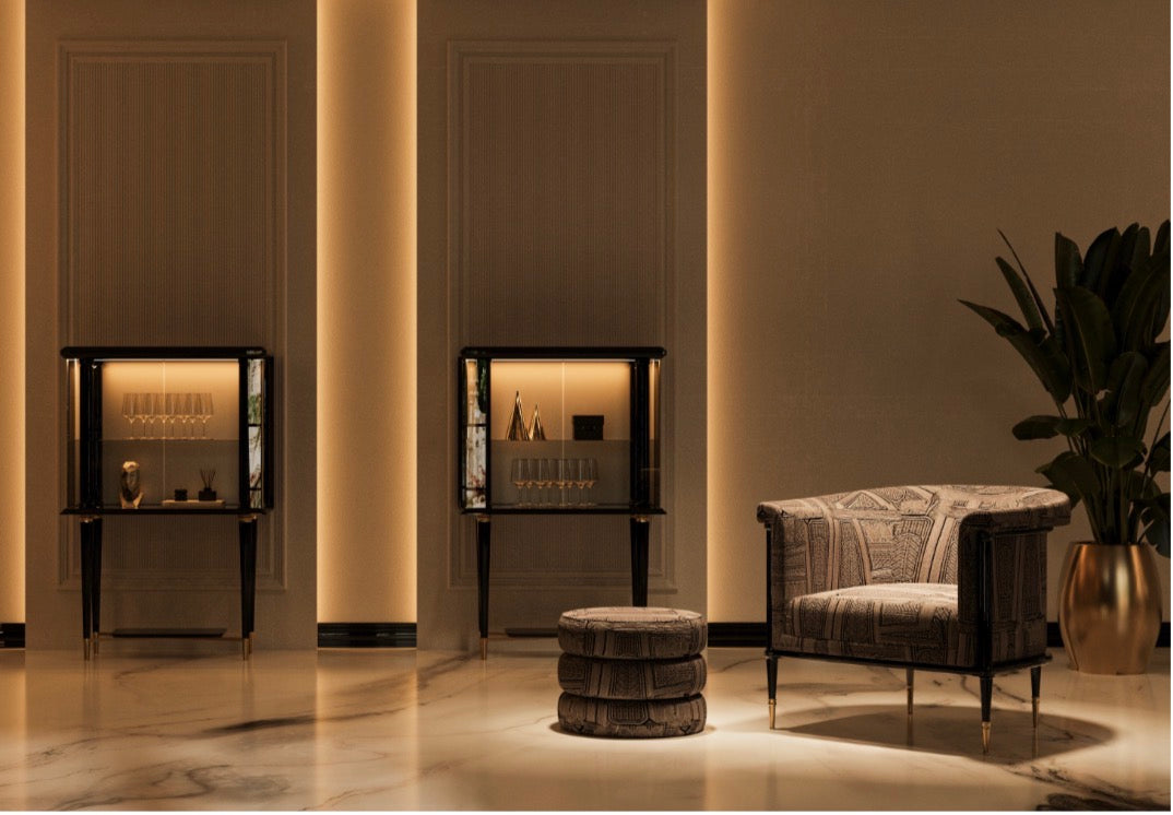 Velvetroom luxury furniture collection featuring elegant sofa seating, modern dining table, illuminated cabinetry, and sculptural pendant lighting.