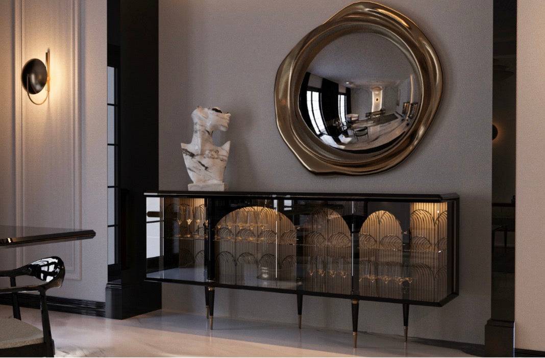 Velvetroom luxury furniture collection featuring elegant sofa seating, modern dining table, illuminated cabinetry, and sculptural pendant lighting.