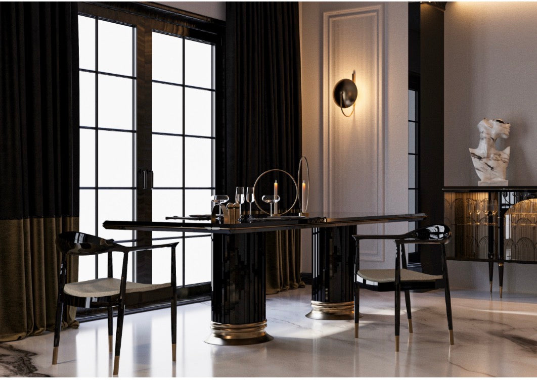 Velvetroom luxury furniture collection featuring elegant sofa seating, modern dining table, illuminated cabinetry, and sculptural pendant lighting.