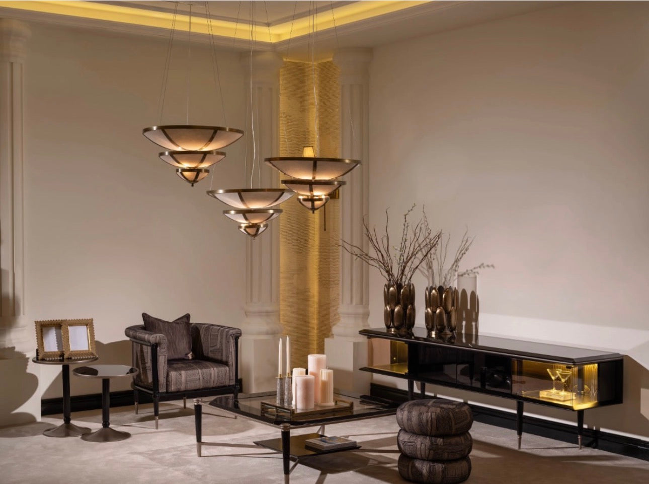 Velvetroom luxury furniture collection featuring elegant sofa seating, modern dining table, illuminated cabinetry, and sculptural pendant lighting.