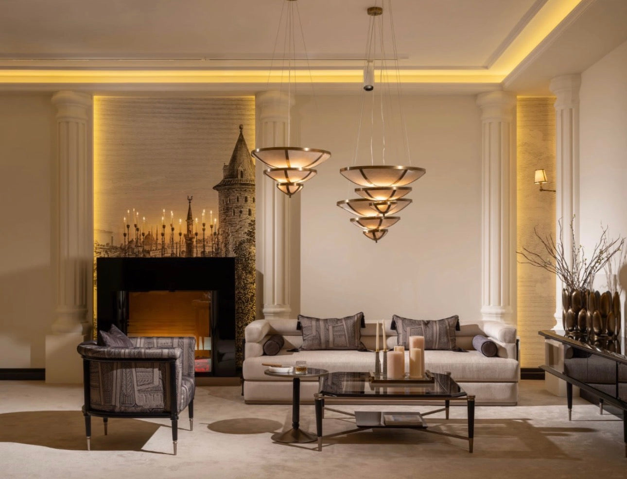 Velvetroom luxury furniture collection featuring elegant sofa seating, modern dining table, illuminated cabinetry, and sculptural pendant lighting.