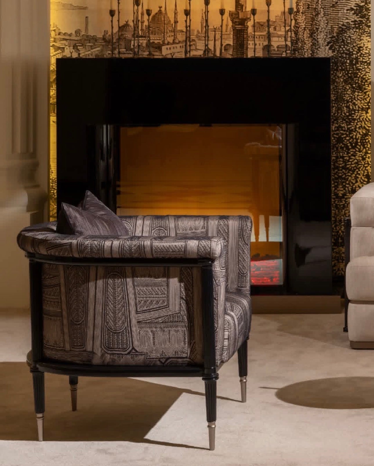 Velvetroom luxury furniture collection featuring elegant sofa seating, modern dining table, illuminated cabinetry, and sculptural pendant lighting.