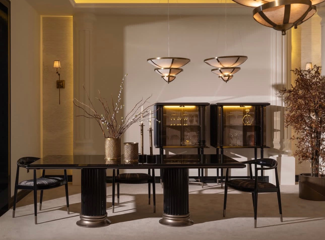 Velvetroom luxury furniture collection featuring elegant sofa seating, modern dining table, illuminated cabinetry, and sculptural pendant lighting.