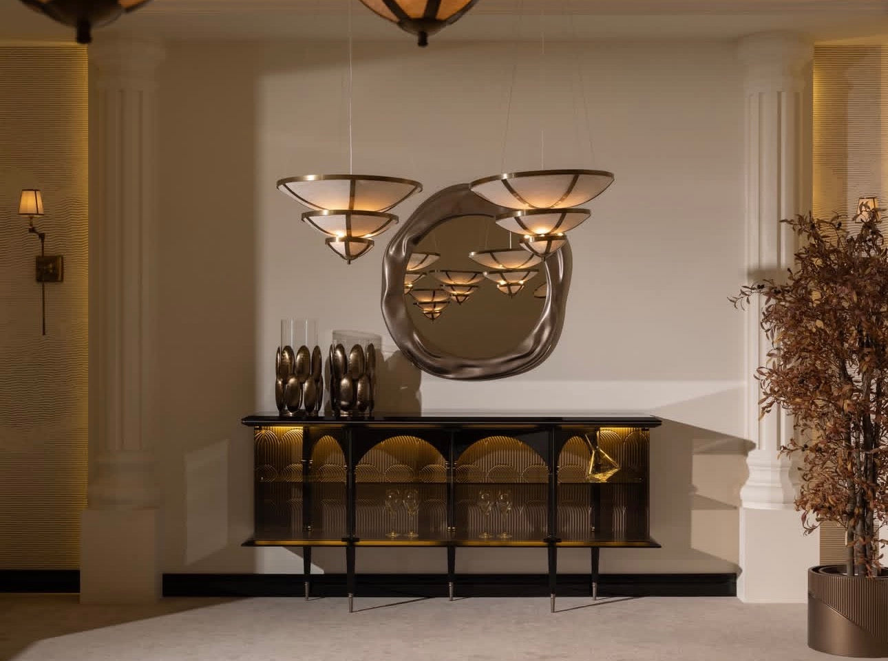 Velvetroom luxury furniture collection featuring elegant sofa seating, modern dining table, illuminated cabinetry, and sculptural pendant lighting.