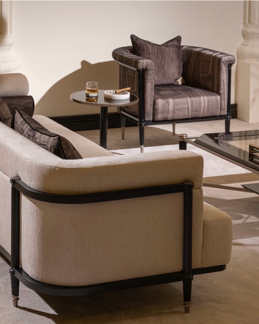 Velvetroom luxury furniture collection featuring elegant sofa seating, modern dining table, illuminated cabinetry, and sculptural pendant lighting.