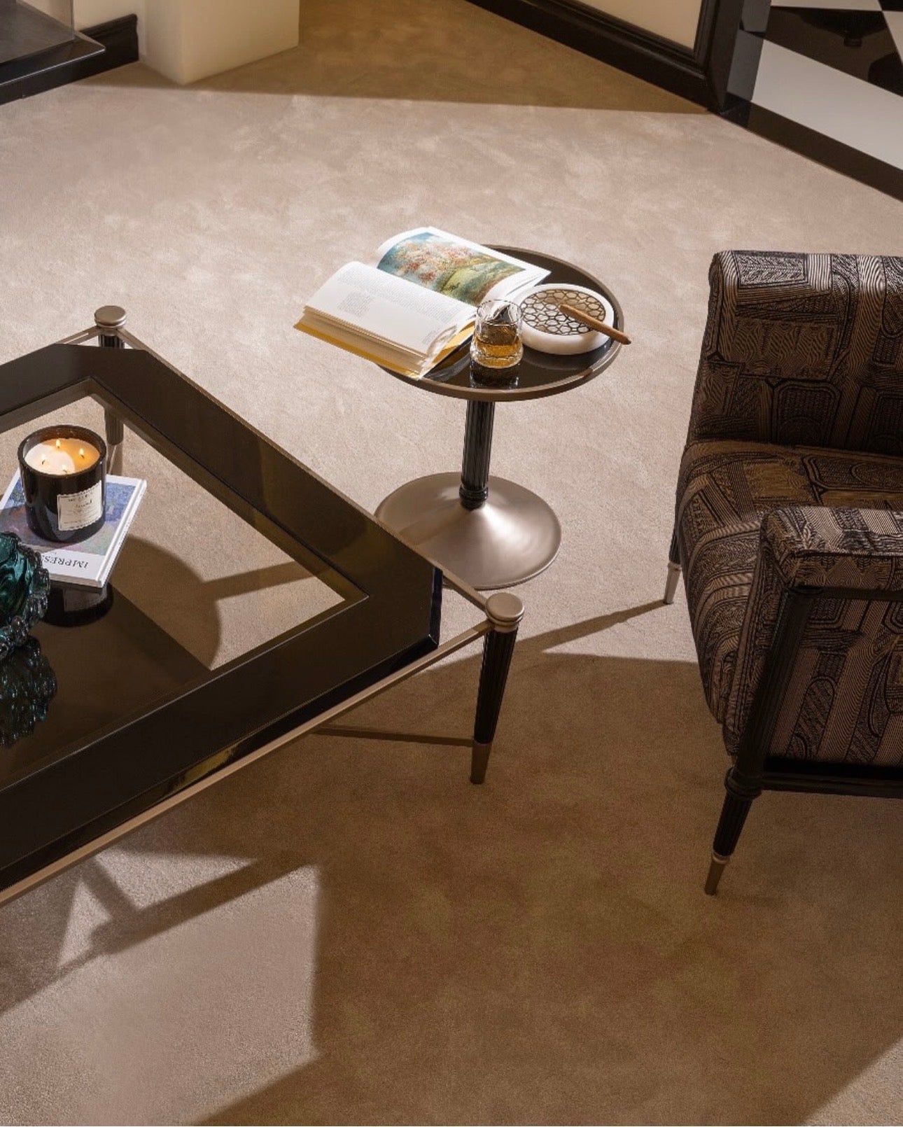 Velvetroom luxury furniture collection featuring elegant sofa seating, modern dining table, illuminated cabinetry, and sculptural pendant lighting.