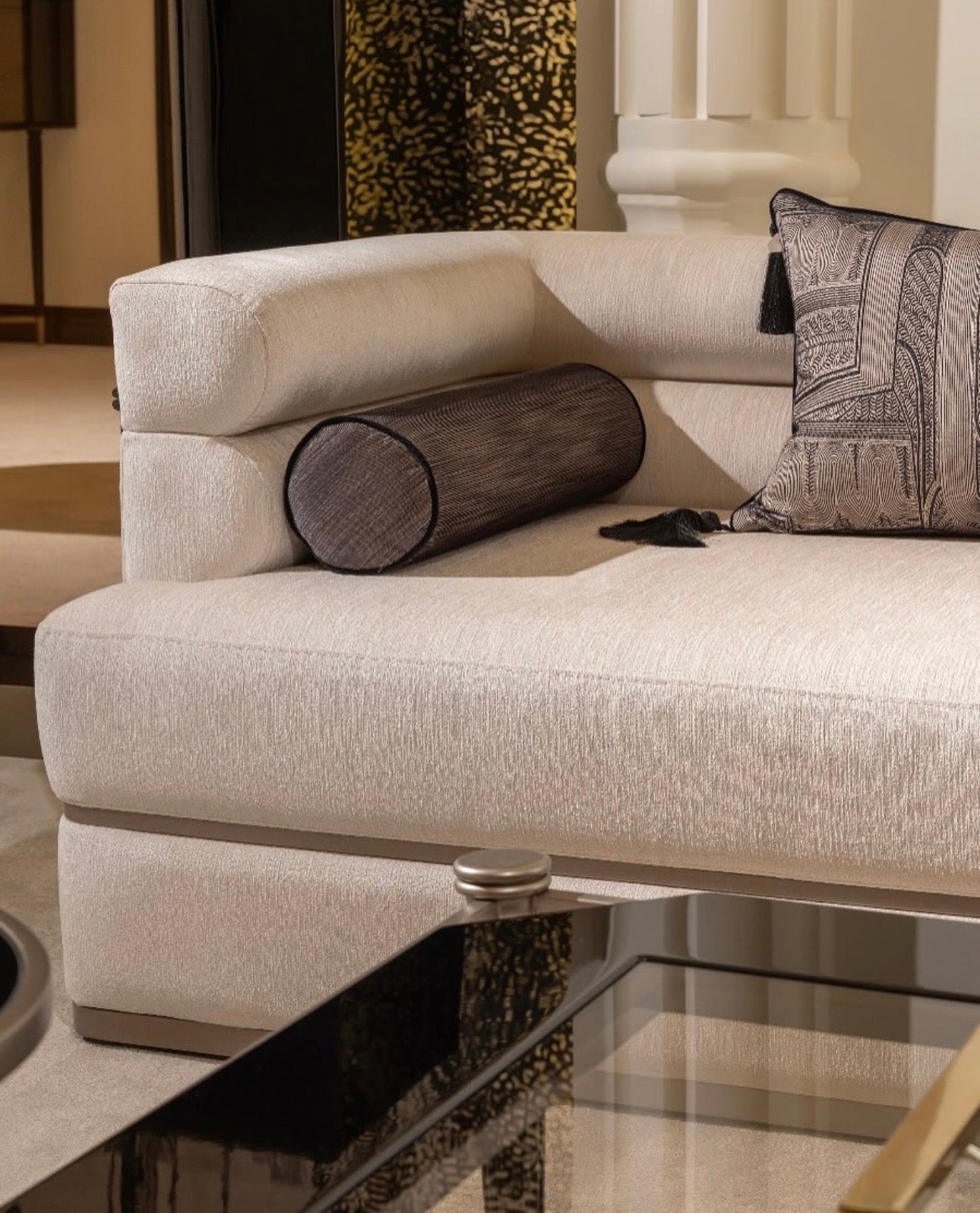 Velvetroom luxury furniture collection featuring elegant sofa seating, modern dining table, illuminated cabinetry, and sculptural pendant lighting.