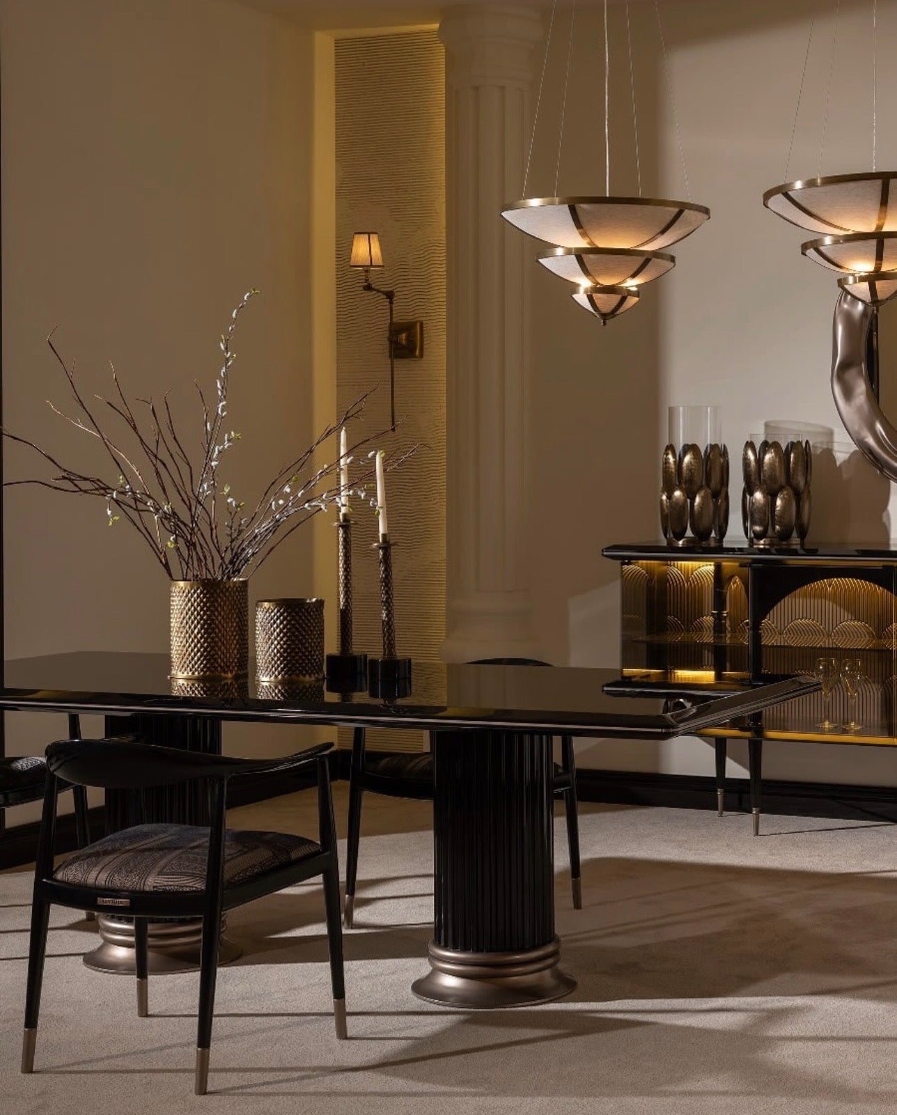 Velvetroom luxury furniture collection featuring elegant sofa seating, modern dining table, illuminated cabinetry, and sculptural pendant lighting.