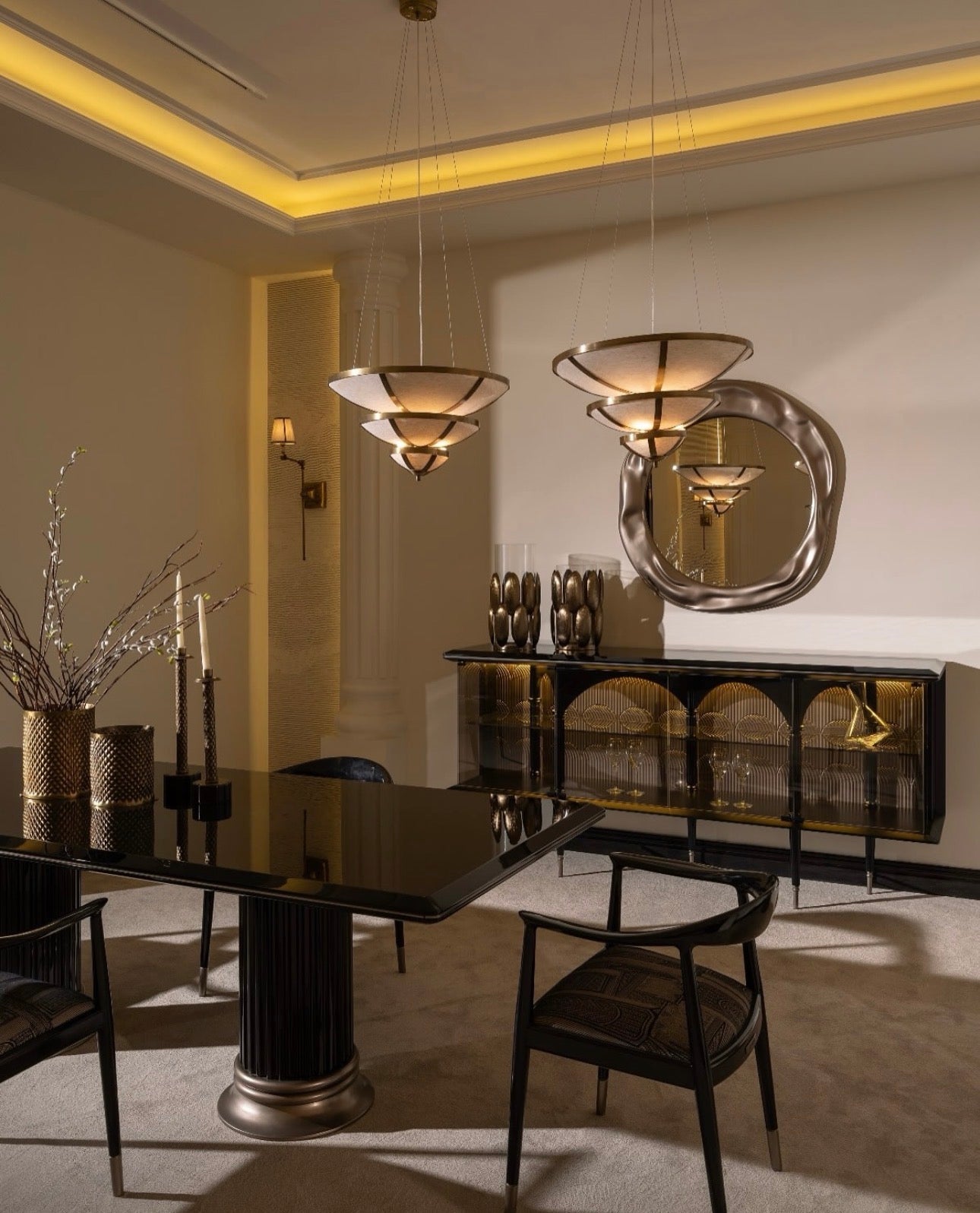 Velvetroom luxury furniture collection featuring elegant sofa seating, modern dining table, illuminated cabinetry, and sculptural pendant lighting.
